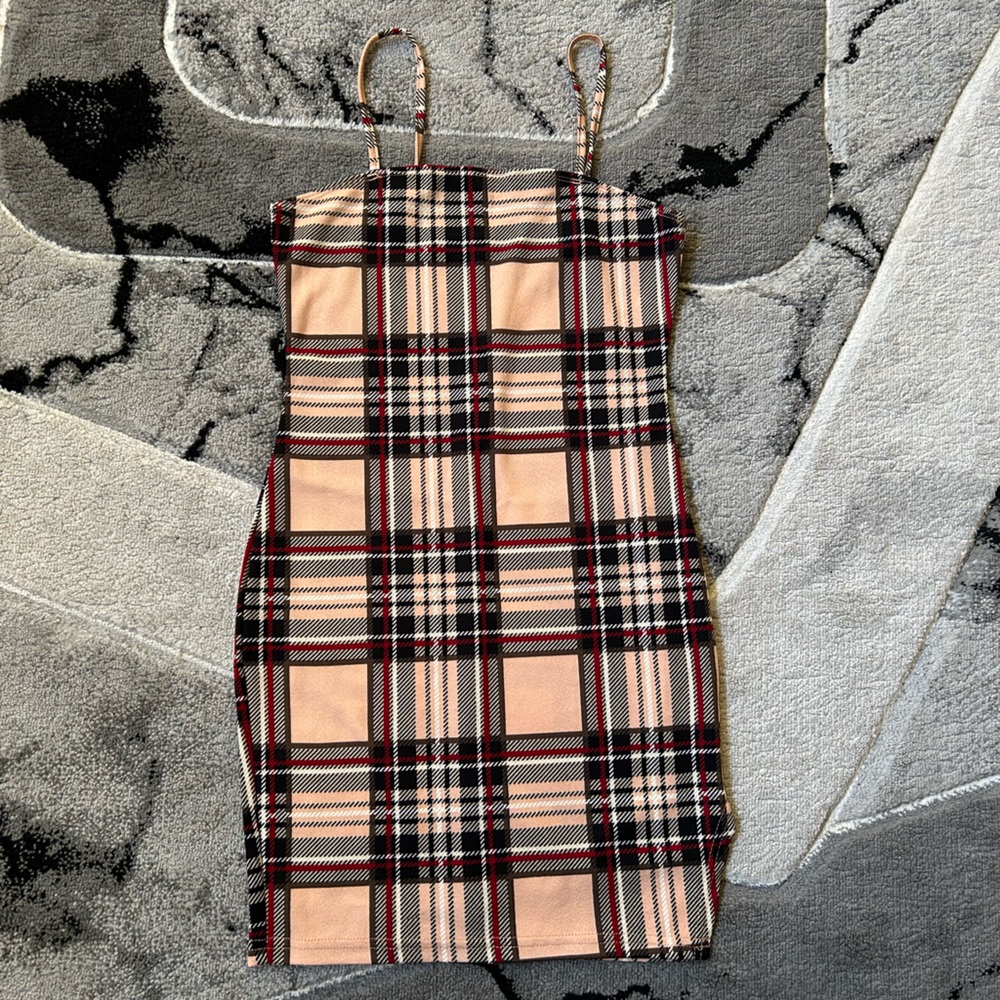 SHEIN Beige Plaid Strappy Dress with Black and Red Accents